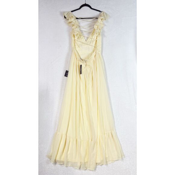 Lulus Soiree Celebration Light Yellow Ruffled Lace-Up Maxi Dress Size XL NWT - Picture 7 of 10